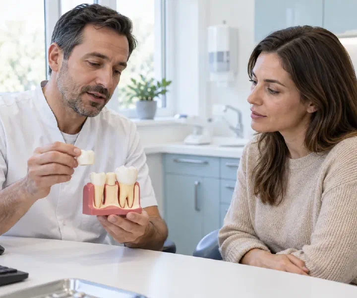 A dentist explaining protective restoration of a cracked tooth with a molar model