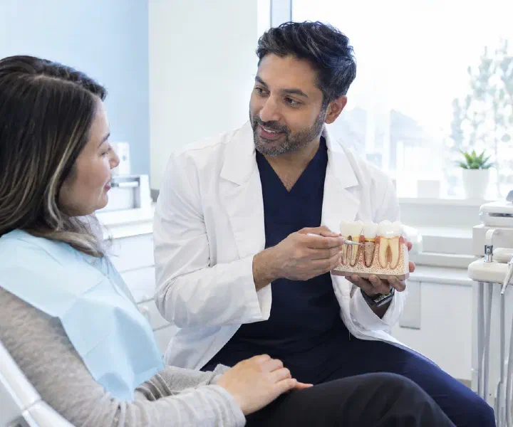 A dentist explaining tooth and gum relationships before crown lengthening planning