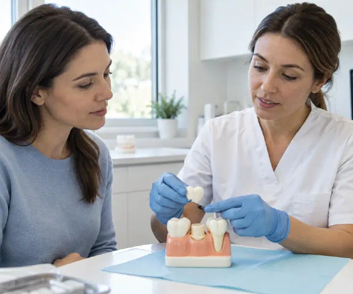 Gloved hands assessing a detached ceramic crown beside a tooth model