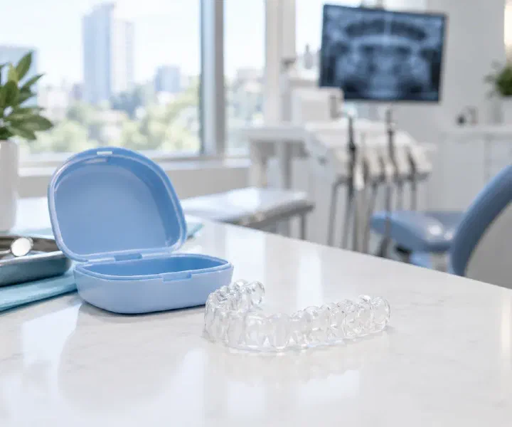 A clear custom dental nightguard beside its open storage case on a clinic counter