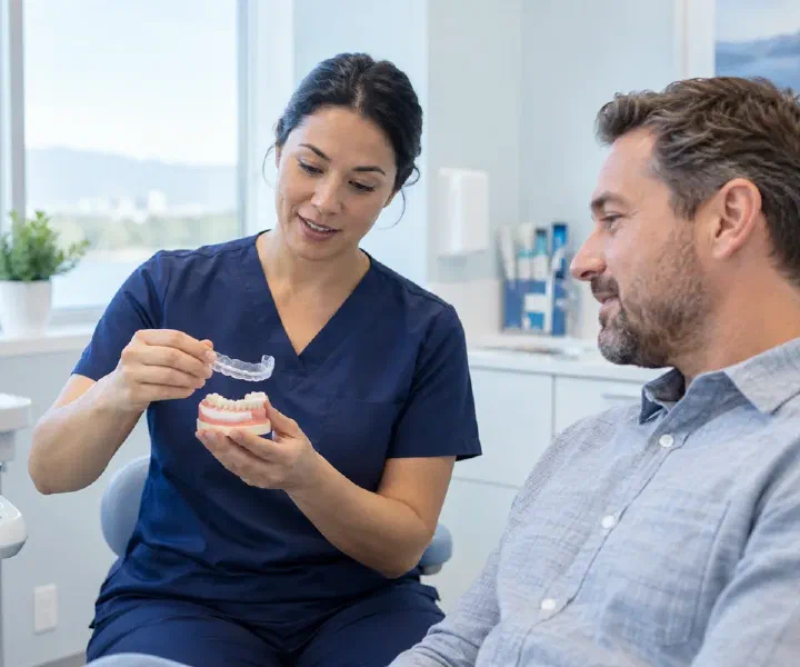 A clinician explaining a transparent occlusal splint on a dental model