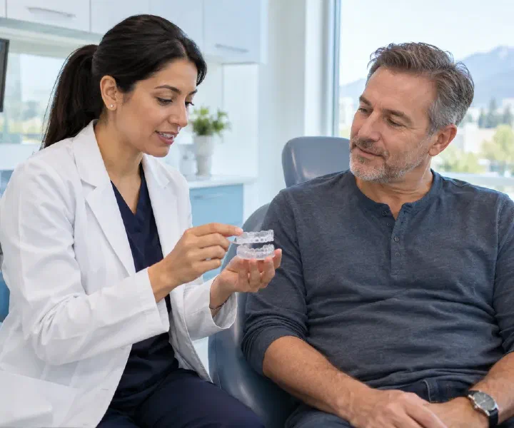 A dentist demonstrating a two-piece sleep-apnea appliance during a consultation