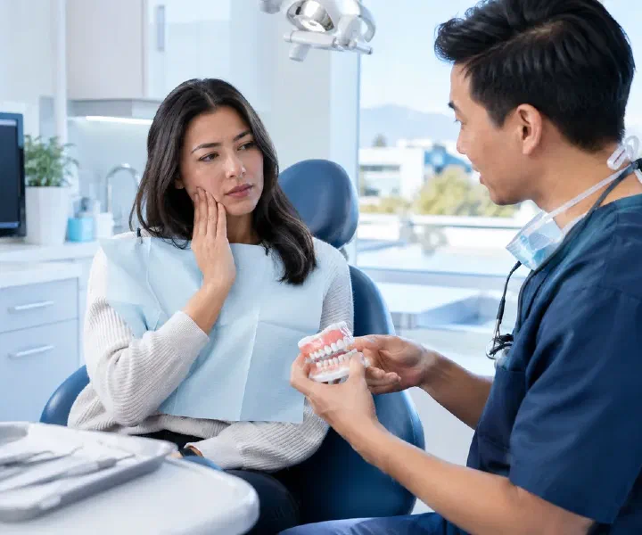 A patient describing tooth and cheek discomfort during an urgent dental consultation