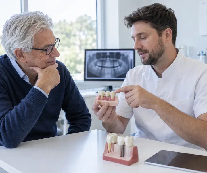 A dentist and older patient reviewing a bridge model and its supporting teeth