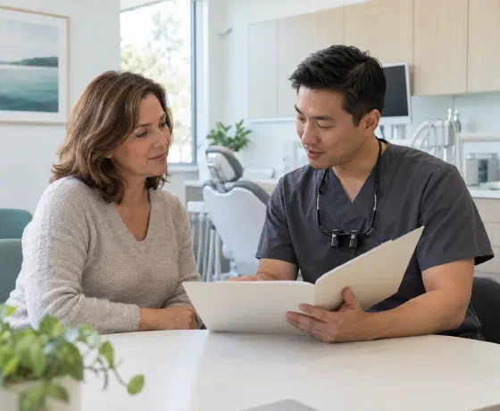 A patient and dentist reviewing a medical folder before planned treatment