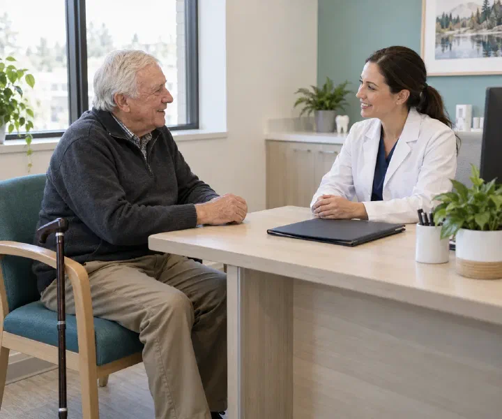 A patient with a walking cane discussing dental care before surgery