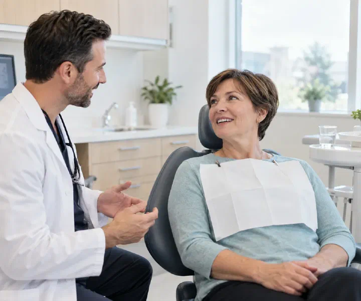 A patient seated comfortably while discussing mouth care with a dentist