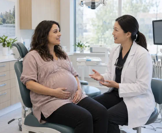 A pregnant patient speaking with a dentist beside an upright dental chair