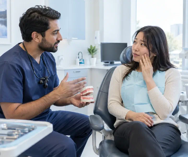 A dentist listening at eye level to an anxious patient seated upright in a dental chair