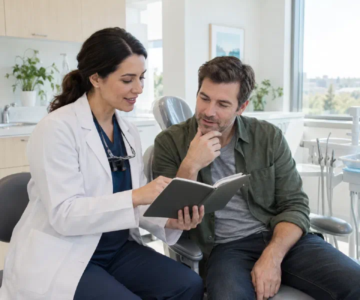 A patient and dentist reviewing a personal health notebook