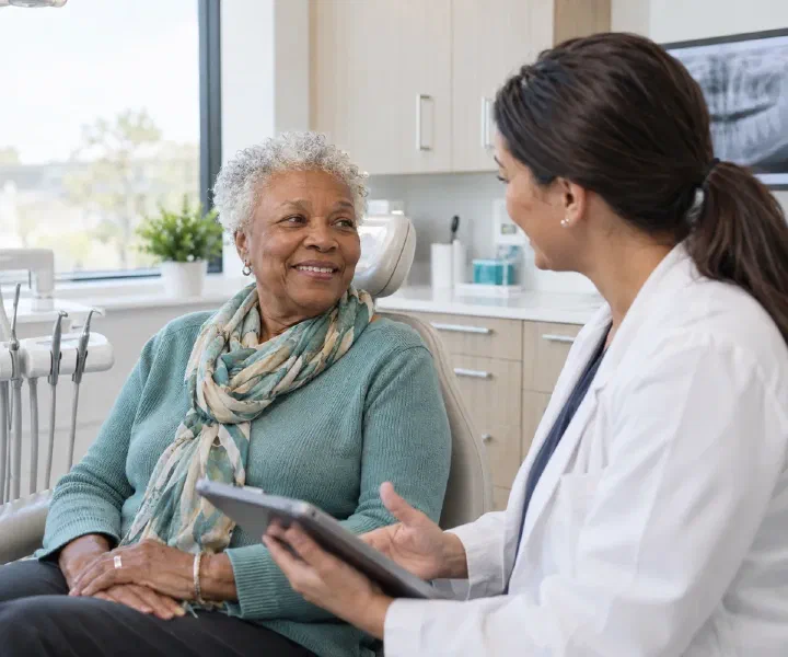 An older woman discussing her dental care with a clinician