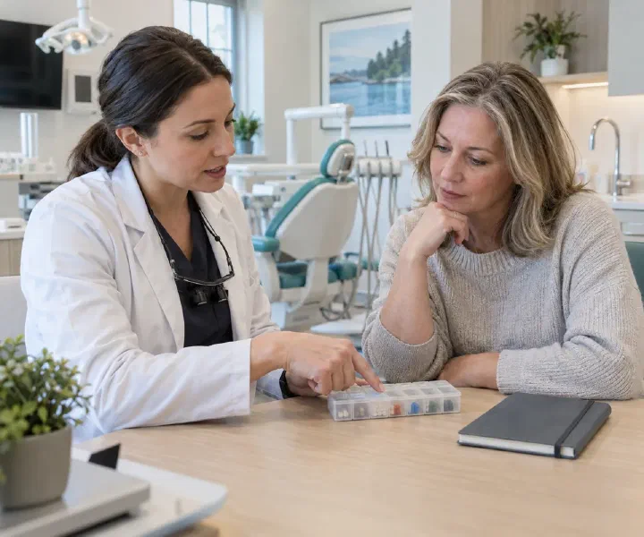A dentist and patient reviewing a medication organizer and notebook