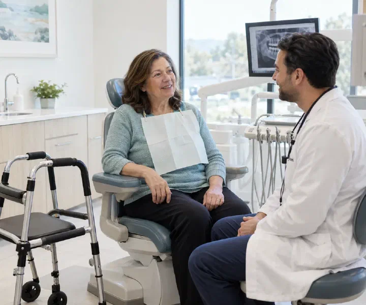 A patient with a walking frame beside her dental chair speaking with a dentist