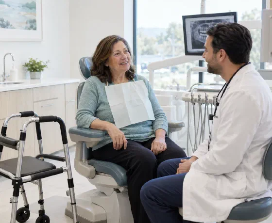 A patient with a walking frame beside her dental chair speaking with a dentist