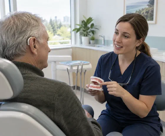 A clinician facing a patient with a hearing aid while explaining a dental model