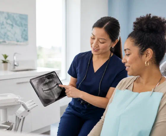 Dental hygienist discussing a checkup with a patient