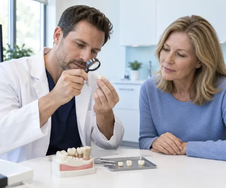 A dentist inspecting a crown with a magnifier during a repair consultation