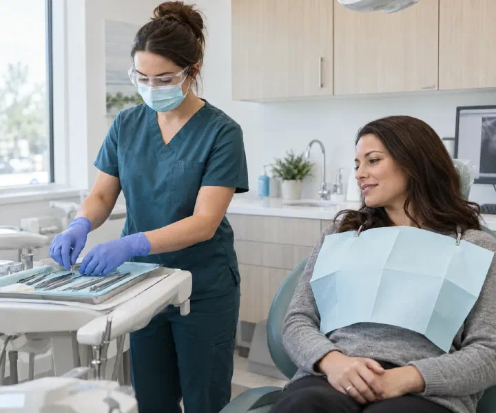 A hygienist preparing instruments beside a seated patient