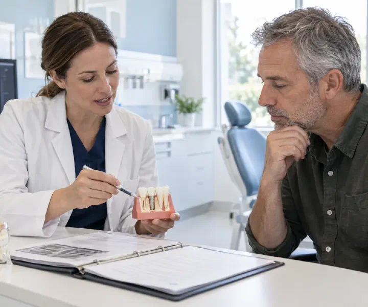 A dentist reviewing health history and an implant model with a patient