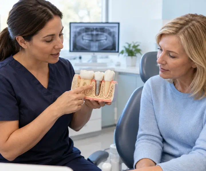 A dentist explaining bone support for an implant on an educational jaw model