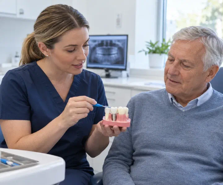 A hygienist demonstrating cleaning around an implant crown on a model