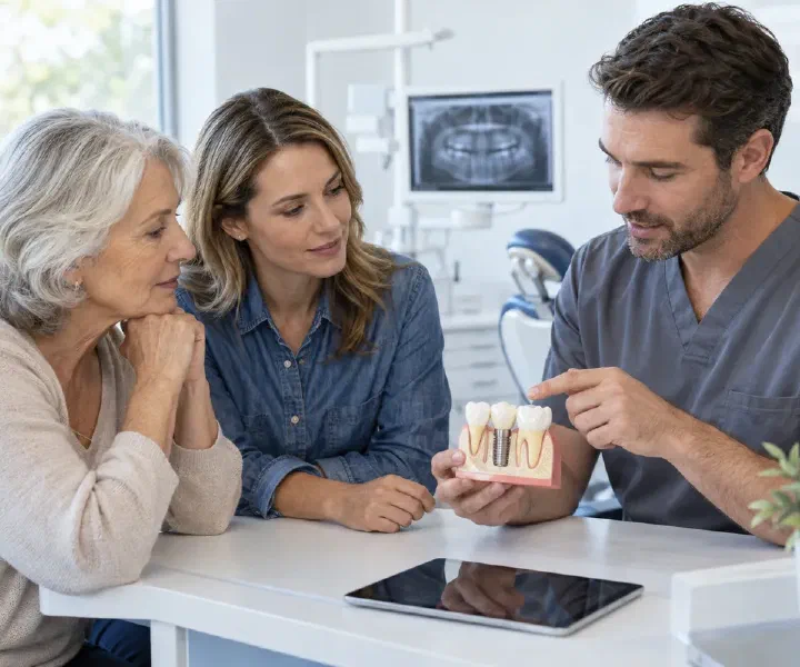 An older patient and family member discussing implant options with a dentist