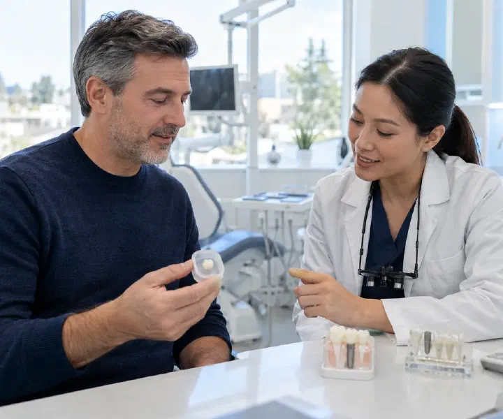 A patient bringing an implant crown in a small container for an urgent dental assessment