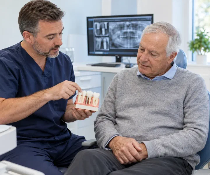 A dentist and older patient reviewing implant tissues and maintenance records