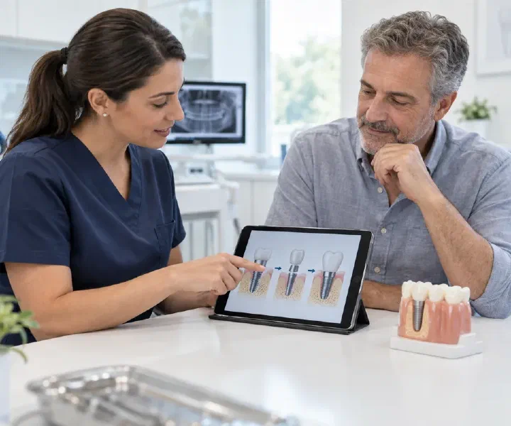 A dentist and patient reviewing the stages of implant treatment on a tablet and model