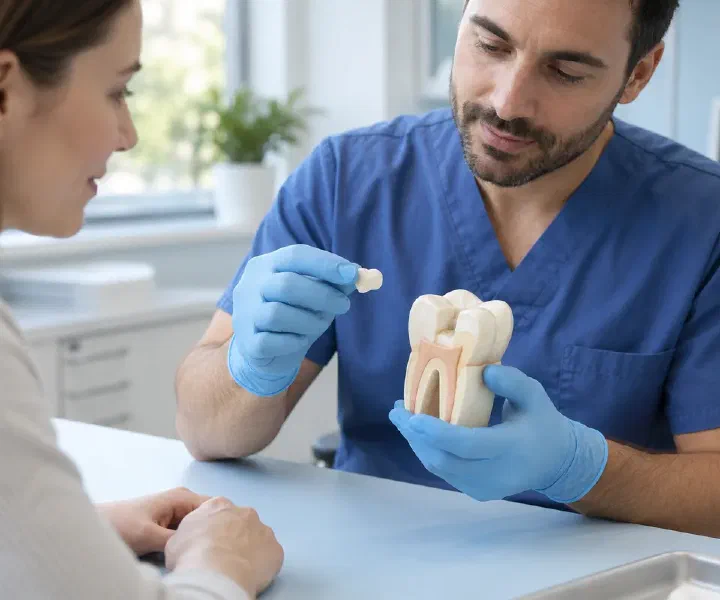 A clinician explaining an inlay with a large molar model