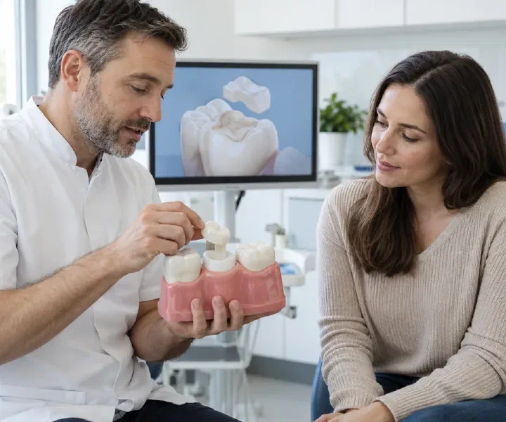 A dentist demonstrating cusp coverage with an onlay and tooth model