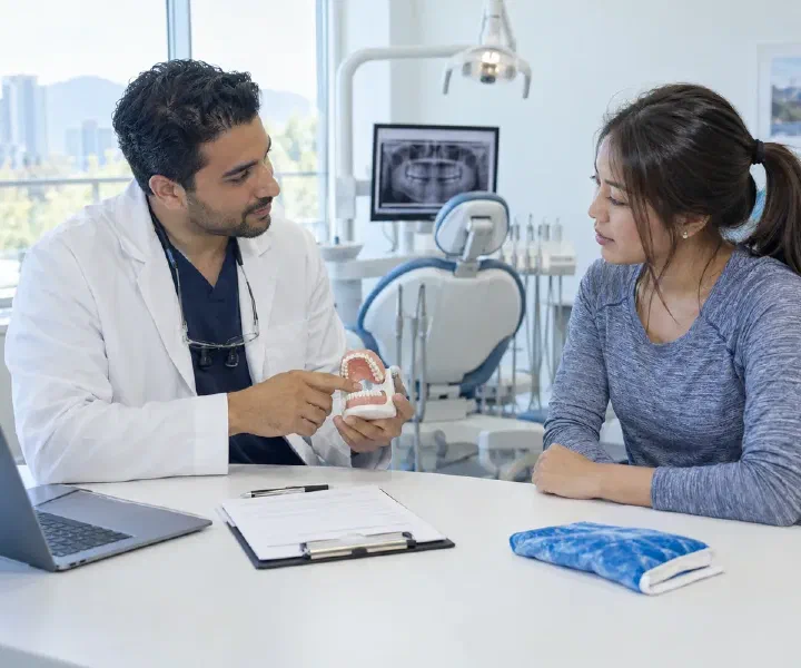 A dentist discussing a recent dental injury with an adult patient