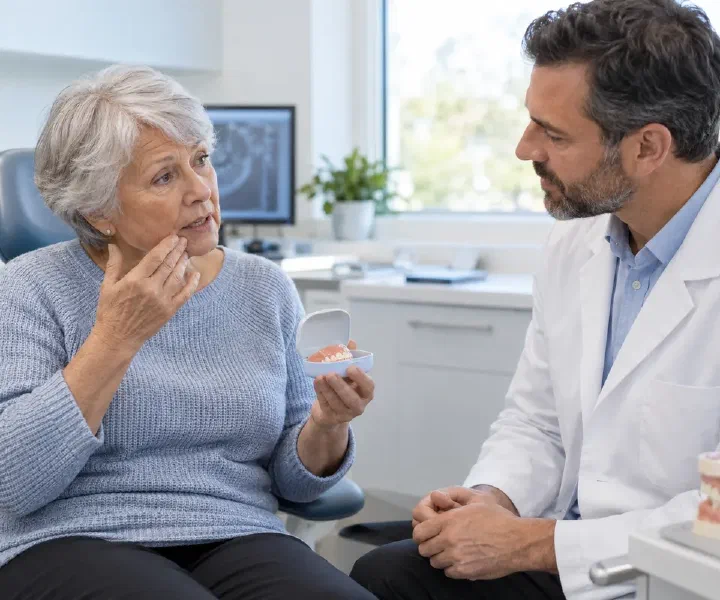 An older patient describing denture discomfort during a fit review