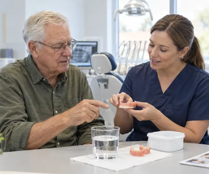 A clinician demonstrating denture handling and aftercare to an older patient