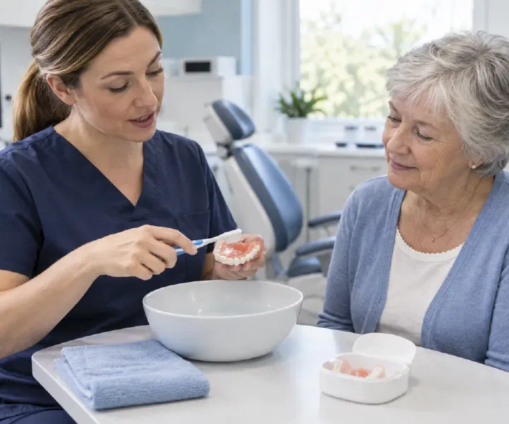 A hygienist demonstrating denture cleaning above a protected basin