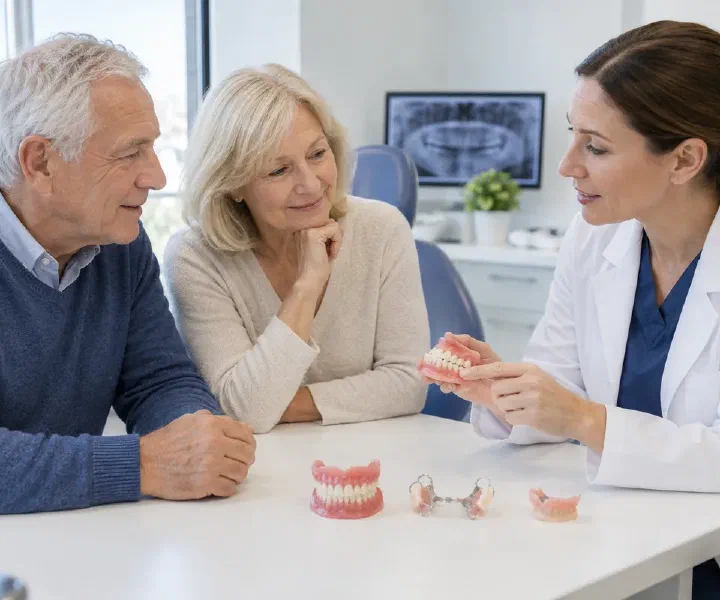 An older couple comparing denture options with a dentist