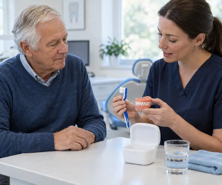 A clinician reviewing a denture, cleaning brush, and storage case with a patient
