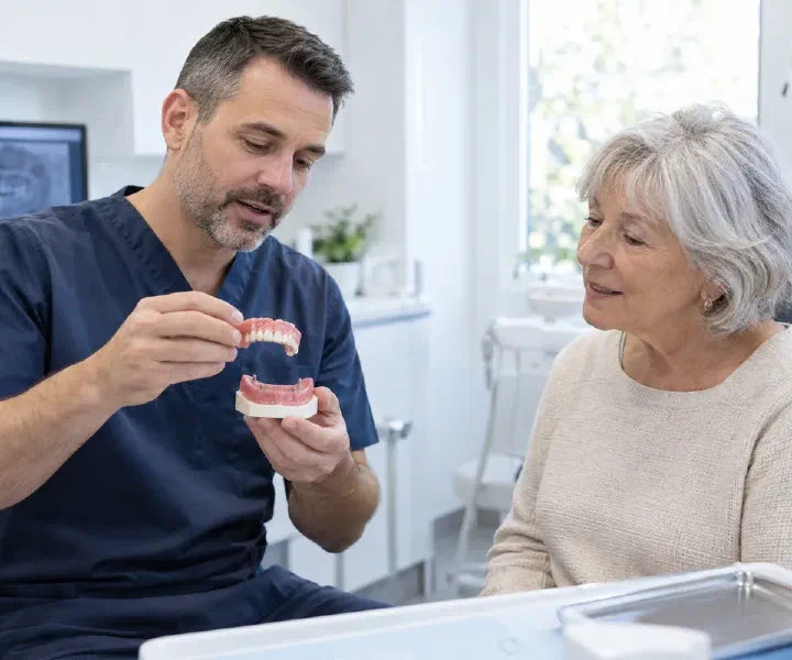 A dentist explaining the base of a removable denture to an older patient