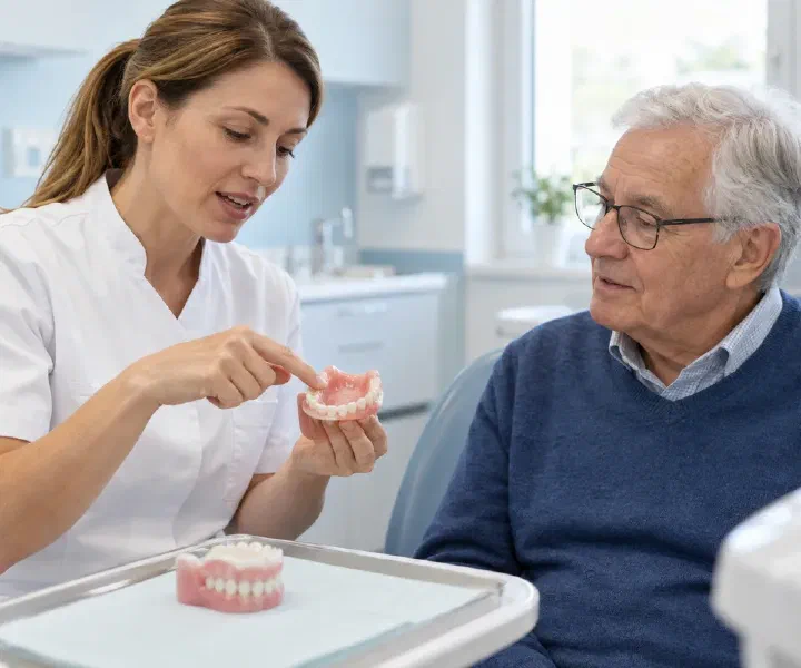 A dentist pointing to the fitting surface of a removable denture