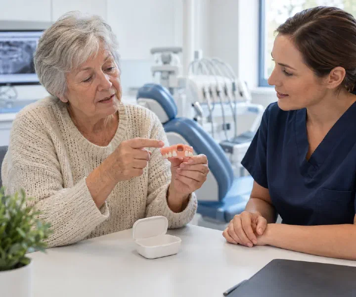 A patient showing a damaged removable denture to a clinician