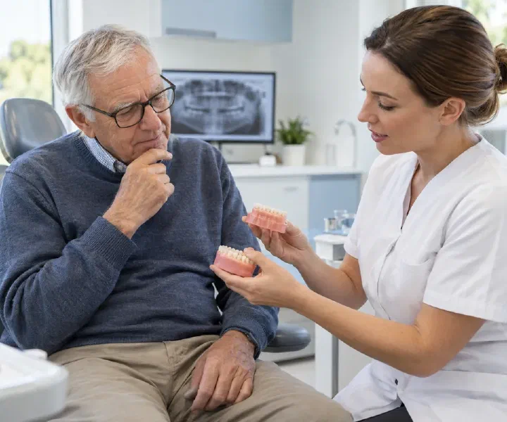 An older patient comparing denture models with a dentist before replacement