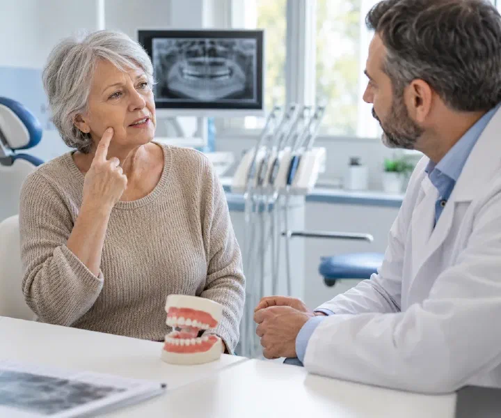 An older patient describing a sore area beneath a denture to a dentist