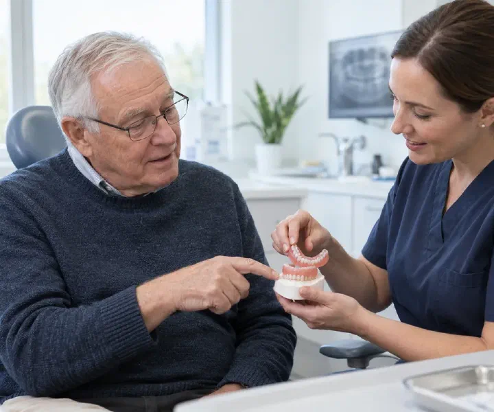 A dentist demonstrating denture support and seating on a lower jaw model