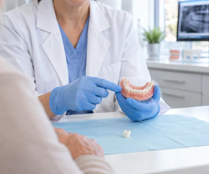 A clinician examining a denture and a detached artificial tooth