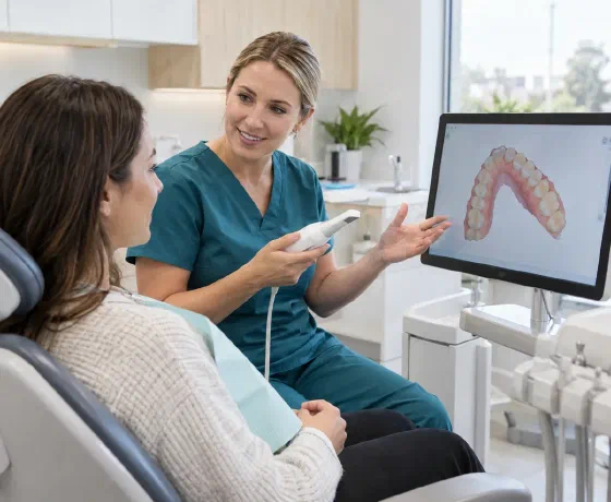 A clinician explaining an optical scanner and a three-dimensional tooth model
