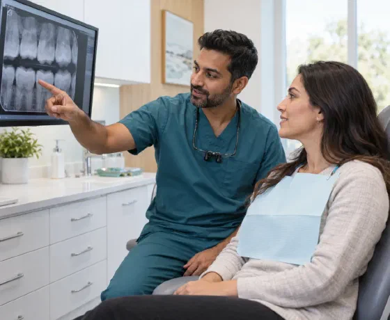 A dentist and patient reviewing a dental X-ray on a monitor