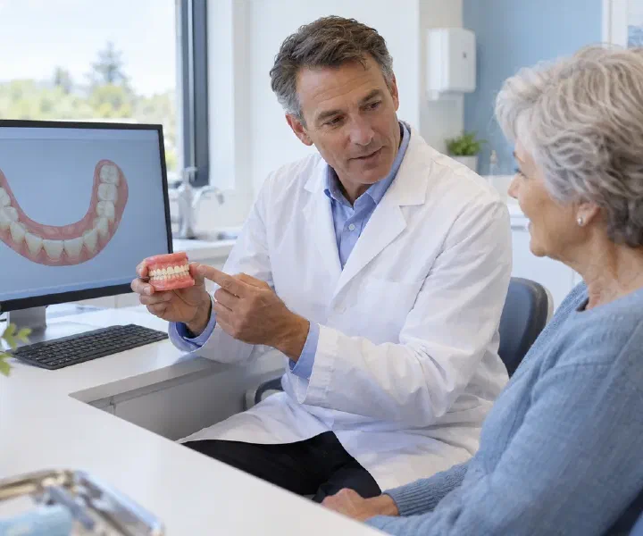 A dentist and patient comparing a denture model with a digital design on a monitor