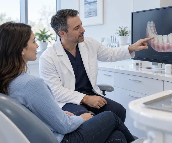 A dentist and patient reviewing an unlabelled digital dental model on a monitor