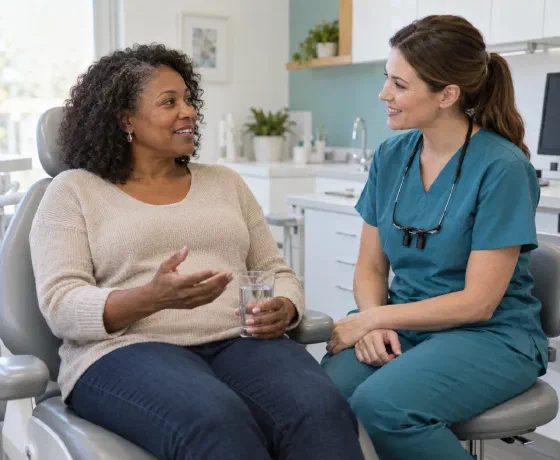 A patient discussing dry mouth symptoms with a dental professional