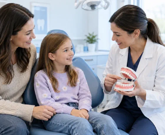 A dentist explaining bite development with a dental model to a child and parent